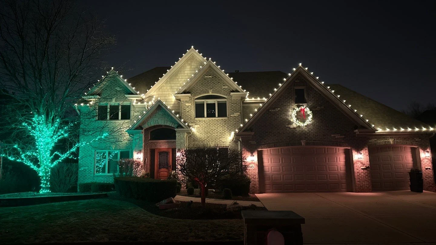 Commercial streetscape with illuminated trees and holiday lights